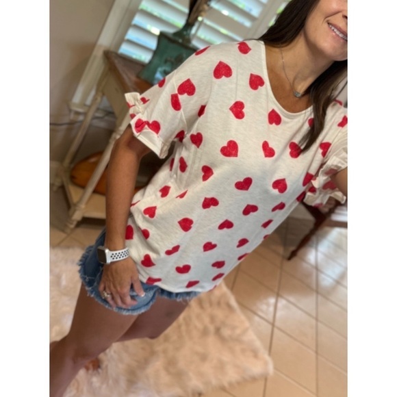 Heart Valentine Round Neck Short Ruffle Flutter Sleeve Top Red White 2522 - Picture 7 of 11